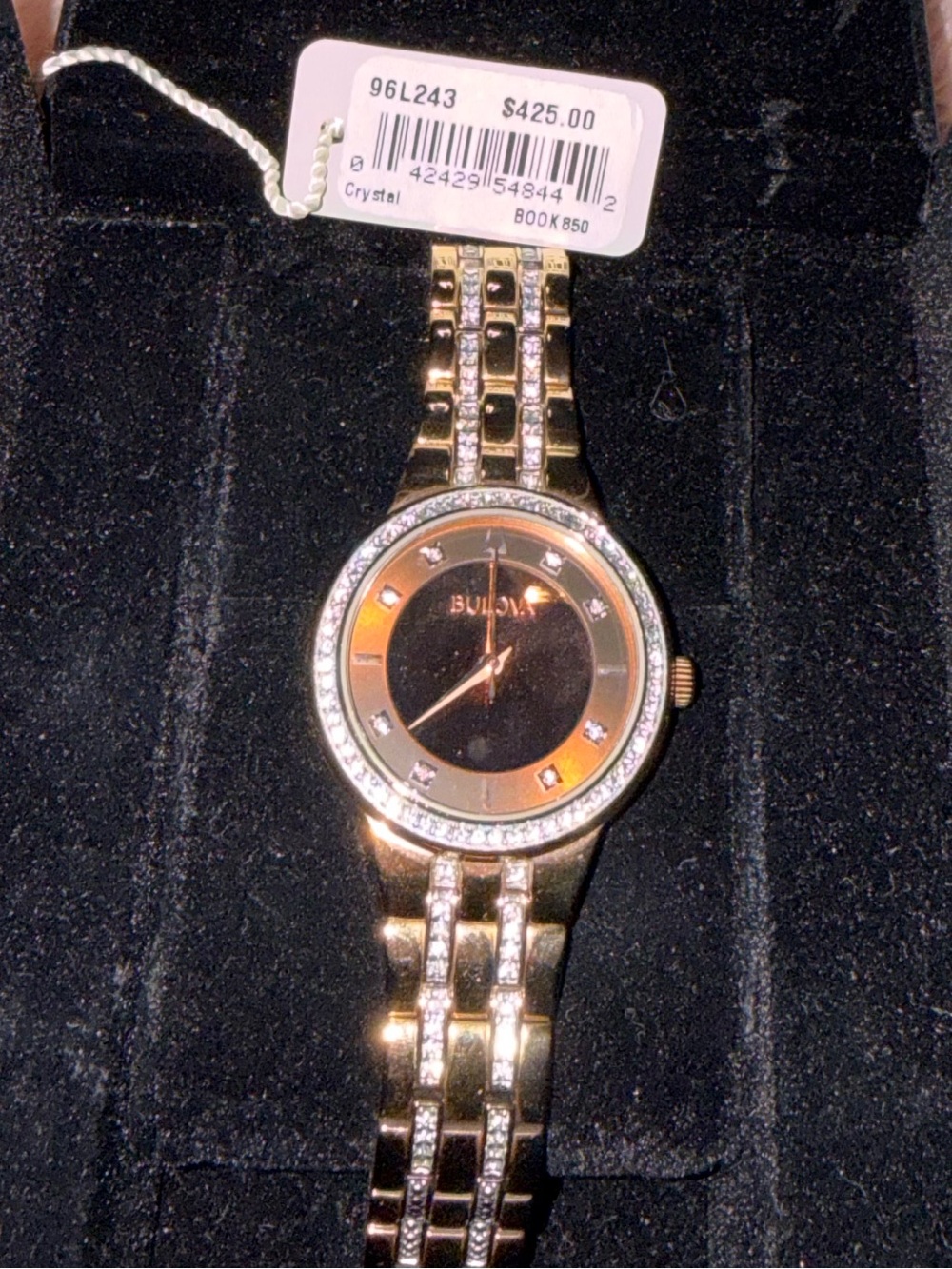 Bulova Gold-Tone Bracelet Watch with Black Dial and Crystal Accents